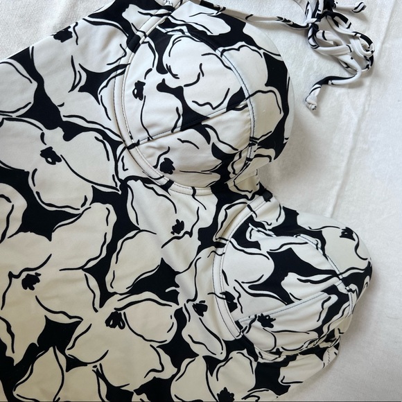 JCrew push up strapless halter black white floral retro swimsuit one piece sz 10 - Picture 2 of 5